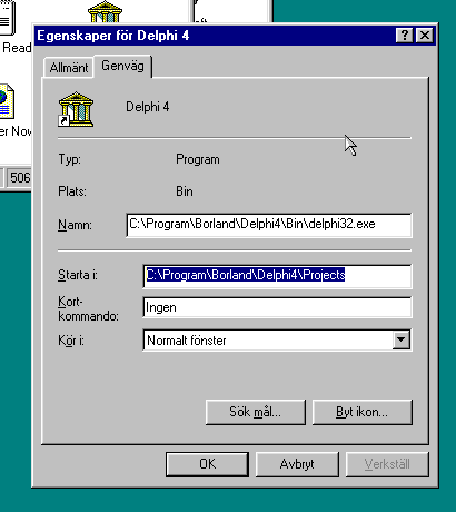 Delphi 4 shortcut properties in Windows 95